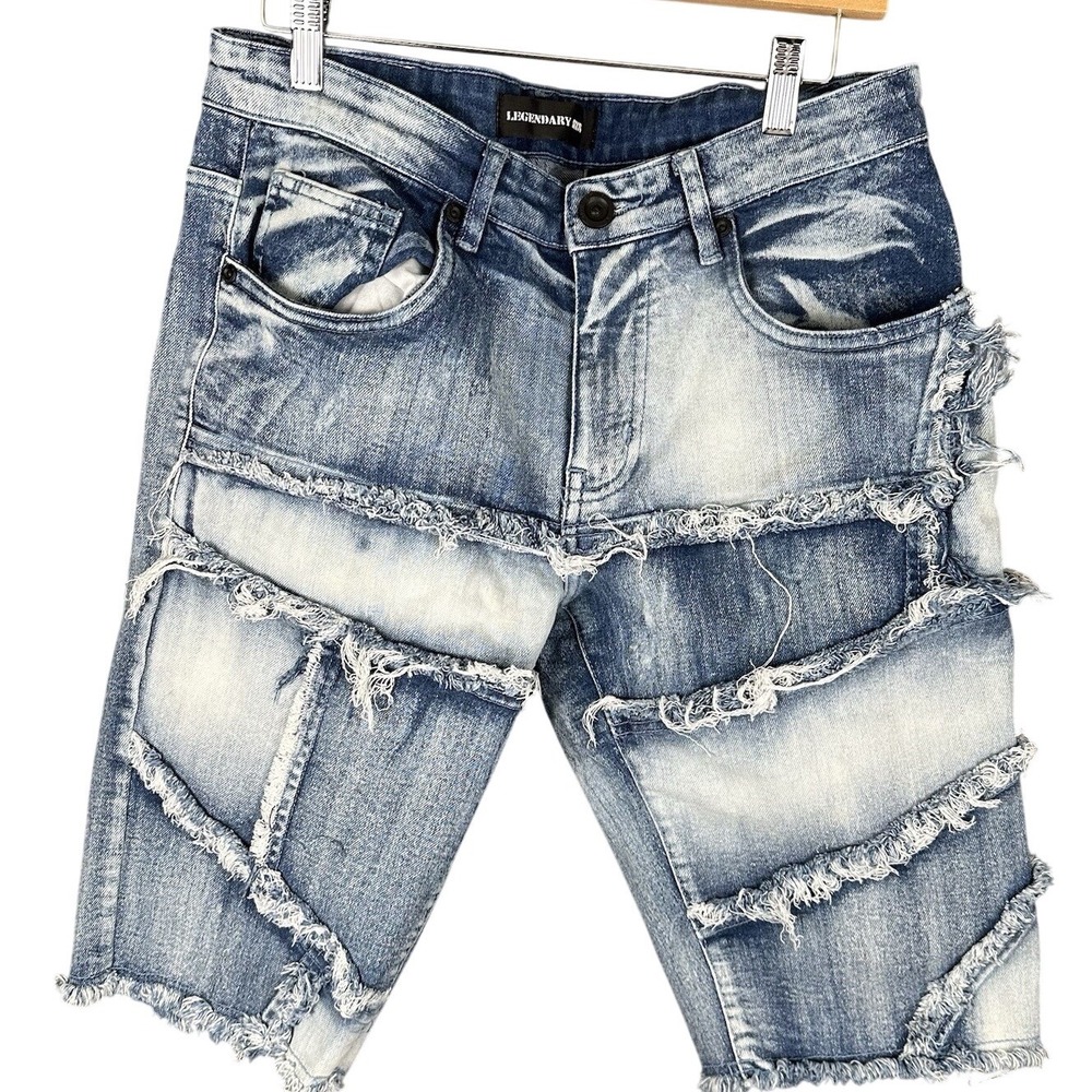 Legendary Status Mens Acid Wash Distressed Patchwork Denim Shorts Blue Size 30